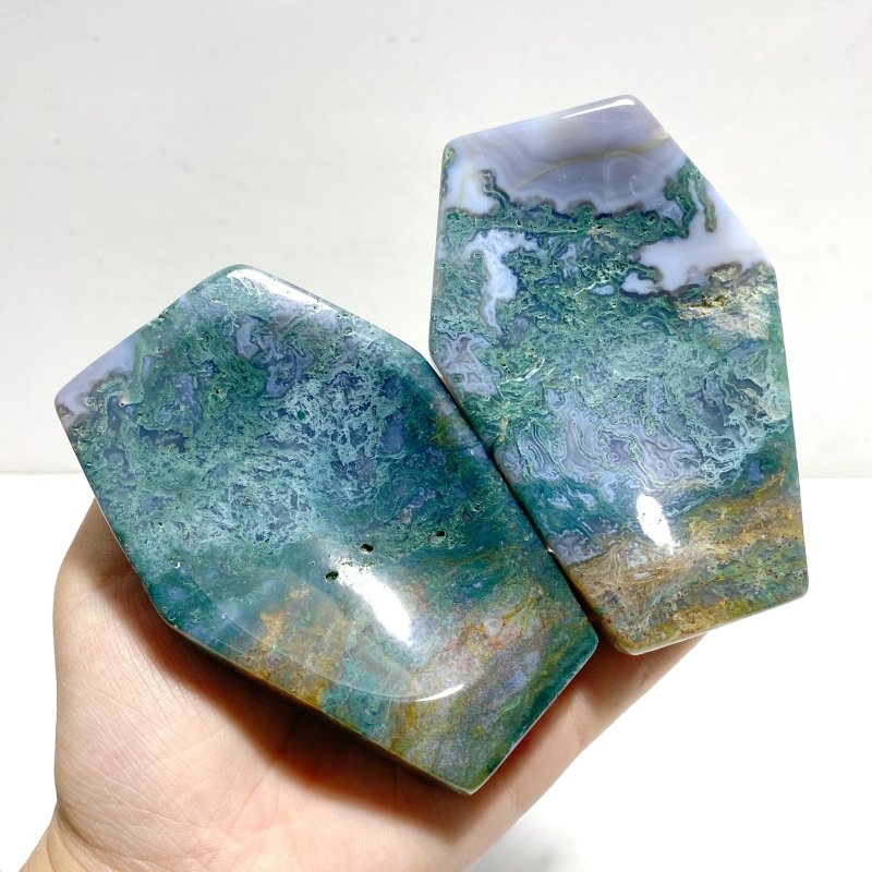 14 Pieces Moss Agate Shallow Bowl Coffin Carving - Wholesale Crystals