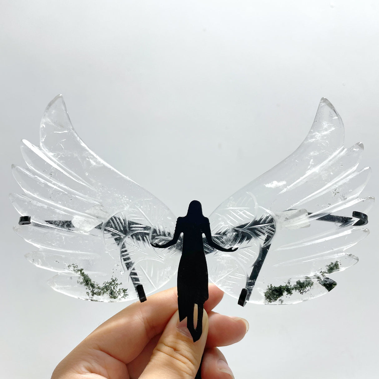 3 Pairs Angel Wing Carving With Stand Clear Quartz Smoky Quartz
