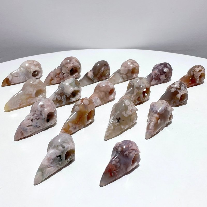 17 Pieces Beautiful Sakura Flower Agate Crow Skull Carving - Wholesale Crystals