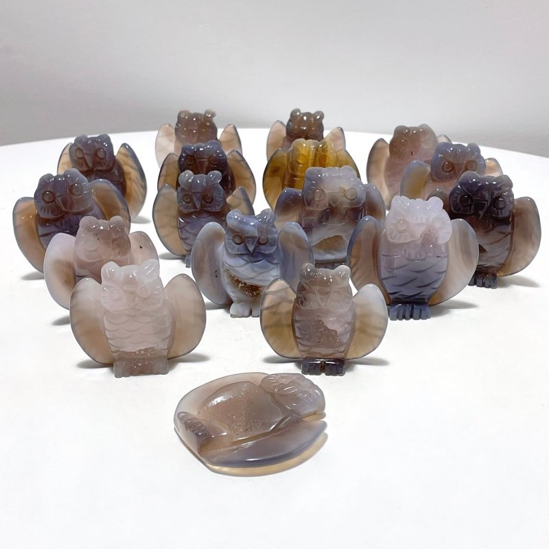 17 Pieces Geode Druzy Agate Owl Carving - Wholesale Crystals