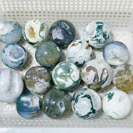 17 Pieces Geode Druzy Moss Agate Spheres - Wholesale Crystals