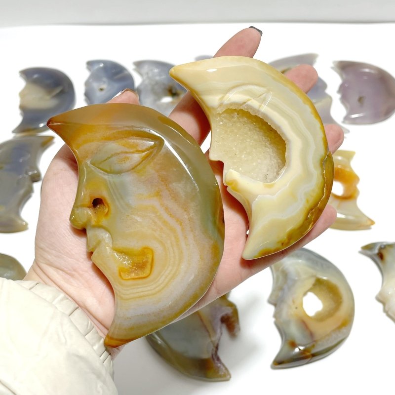 17 Pieces Large Agate Druzy Geode Moon Face Carving - Wholesale Crystals