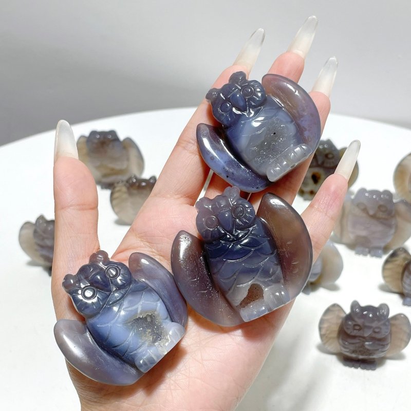 18 Pieces Geode Druzy Agate Owl Carving - Wholesale Crystals