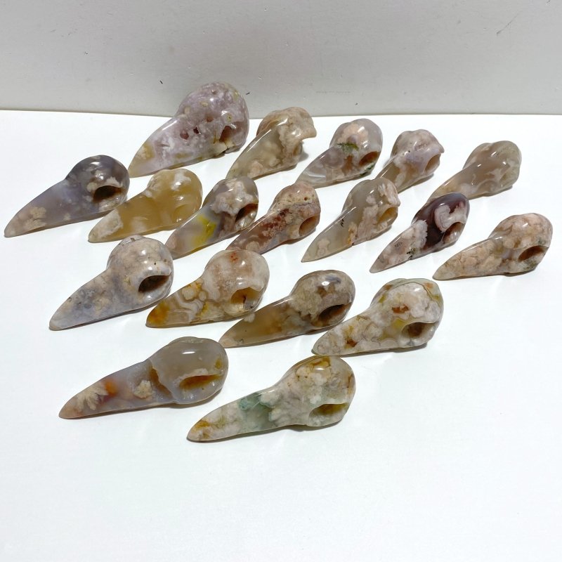 18 Pieces Sakura Flower Agate Crow Skull Carving - Wholesale Crystals