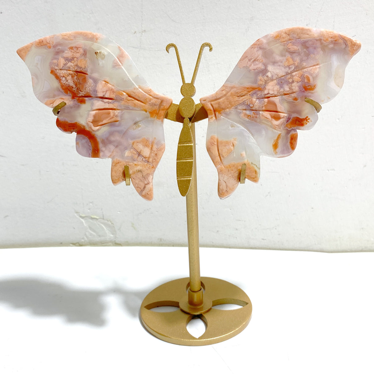 6 Pairs Pink Agate Butterfly Wing Carving With Stand