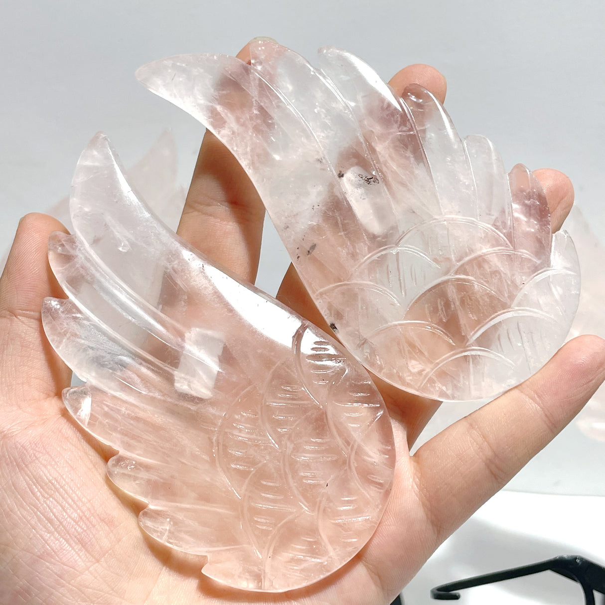 5 Pairs Unique Rose Quartz Angel Wing Carving With Stand
