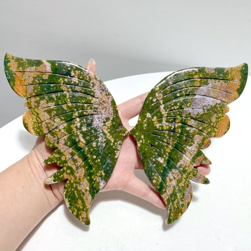 2 Pairs 8th Vein Ocean Jasper Butterfly Wing Carving With Stand - Wholesale Crystals