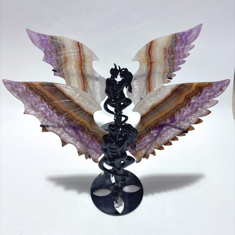 2 Pairs Amethyst Mixed Agate Demon And Angel Symmetry Wing Carving With Stand -Wholesale Crystals