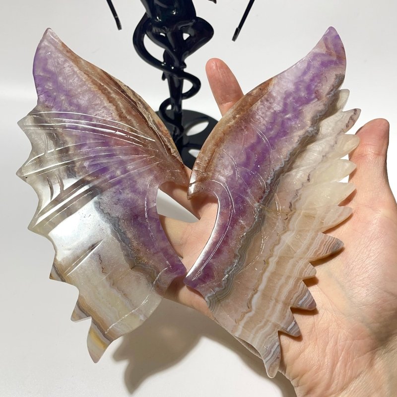 2 Pairs Amethyst Mixed Striped Agate Demon And Angel Wing Carving With Stand - Wholesale Crystals