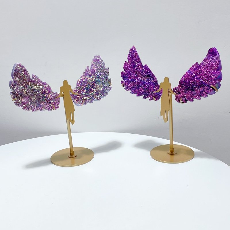 2 Pairs Aura Quartz Cluster Angel Wing Carving With Stand - Wholesale Crystals