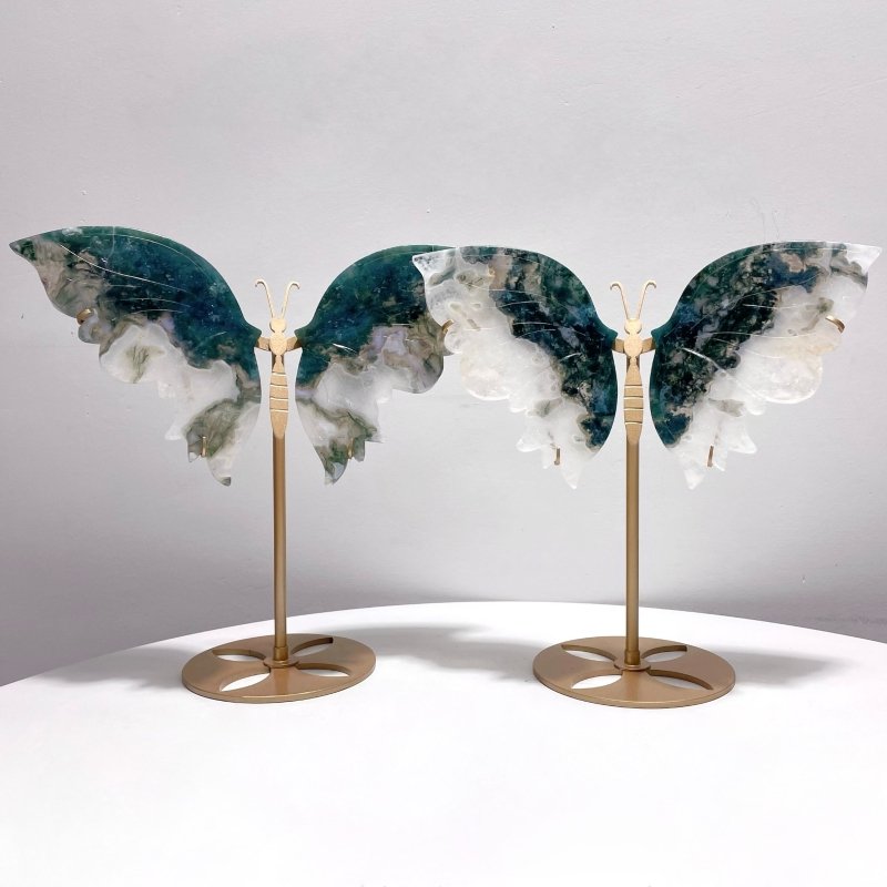 2 Pairs Beautiful Moss Agate Butterfly Wing With Stand - Wholesale Crystals