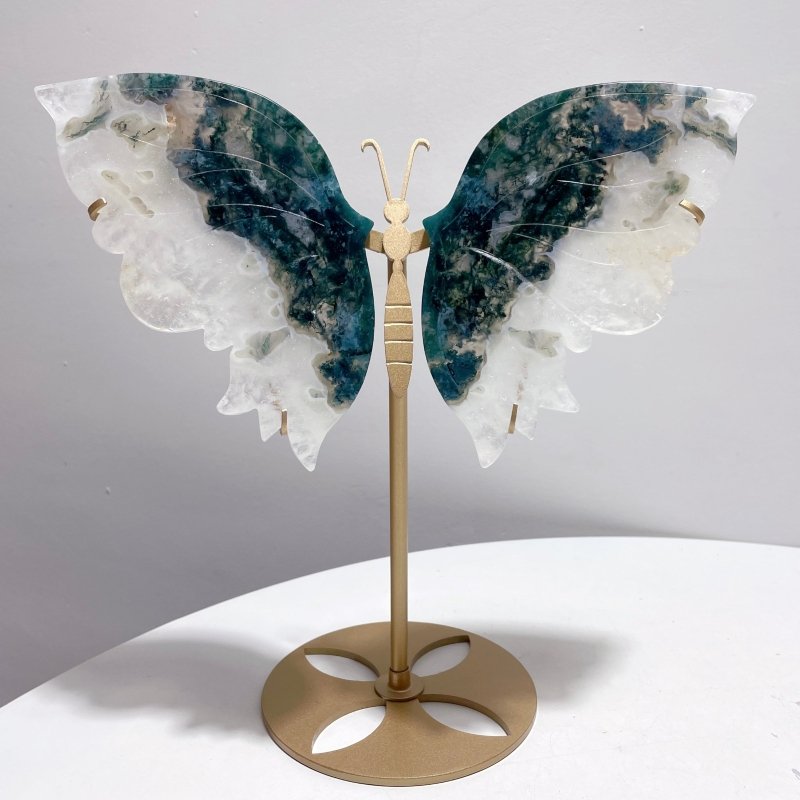 2 Pairs Beautiful Moss Agate Butterfly Wing With Stand - Wholesale Crystals