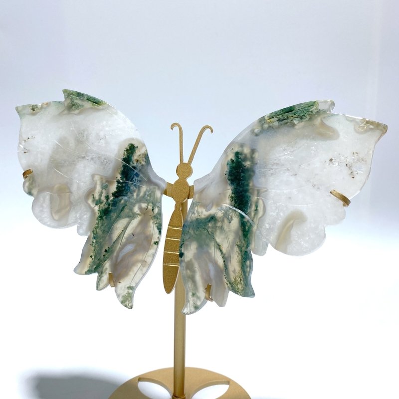 2 Pairs Butterfly Wing Carving With Stand Moss Agate Sakura Flower Agate - Wholesale Crystals