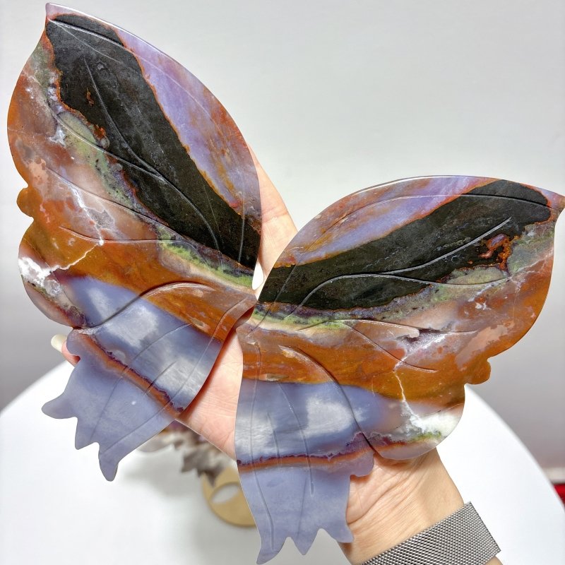 2 Pairs Butterfly Wing Carving With Stand Ocean Jasper Chevron Amethyst - Wholesale Crystals