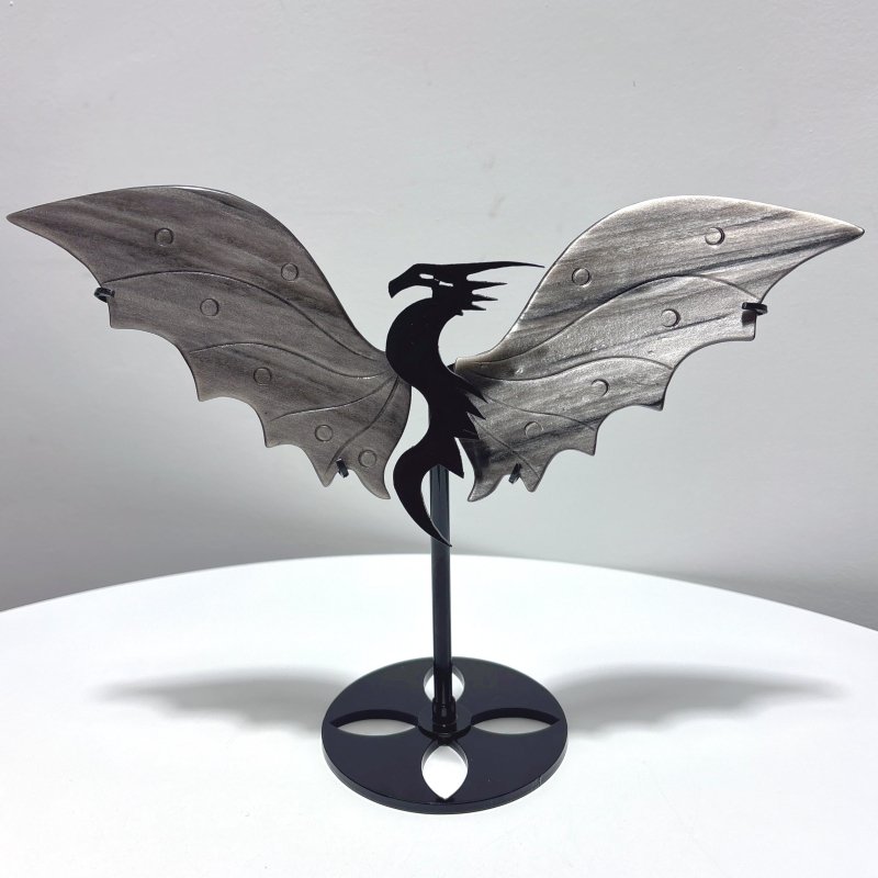 2 Pairs Flying Dragon Wing With Stand Fire Quartz Silver Obsidian - Wholesale Crystals