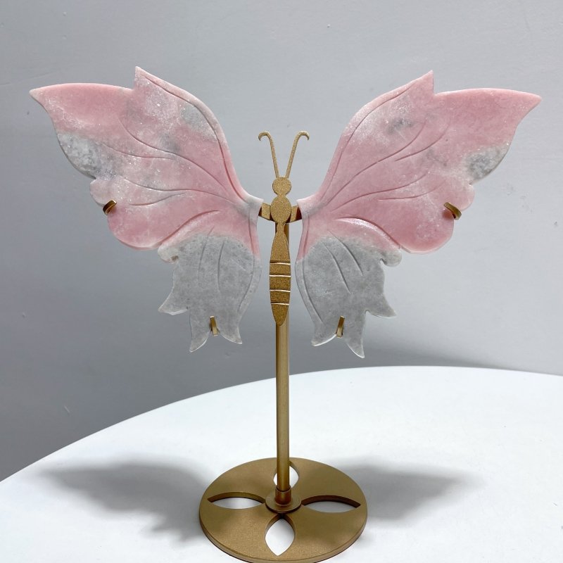 2 Pairs Pink Opal Butterfly Wing Carving With Stand - Wholesale Crystals