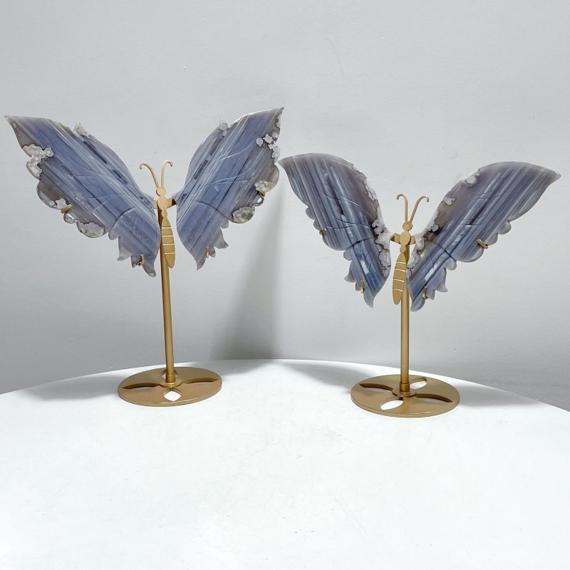 2 Pairs Stripe Agate Symmetry Butterfly Carving With Stand - Wholesale Crystals