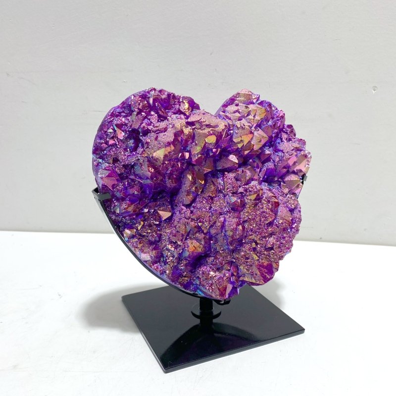 2 Pieces Aura Purple Quartz Cluster Heart With Stand 9 - Wholesale Crystals