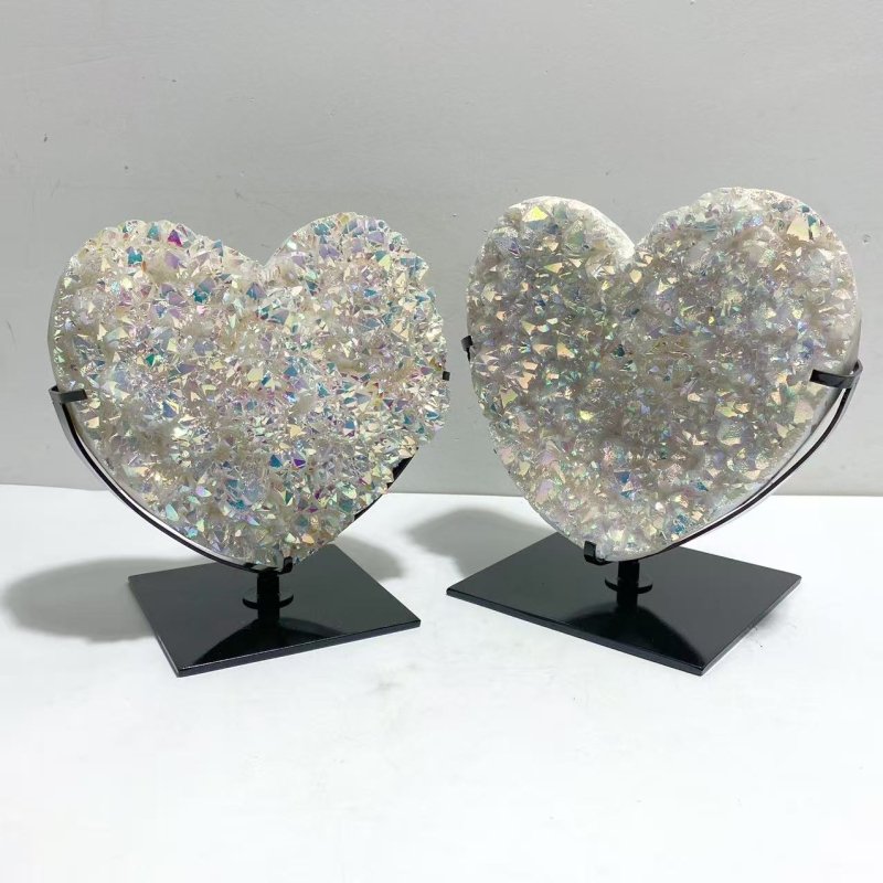 2 Pieces Aura Quartz Cluster Heart With Stand 10 - Wholesale Crystals