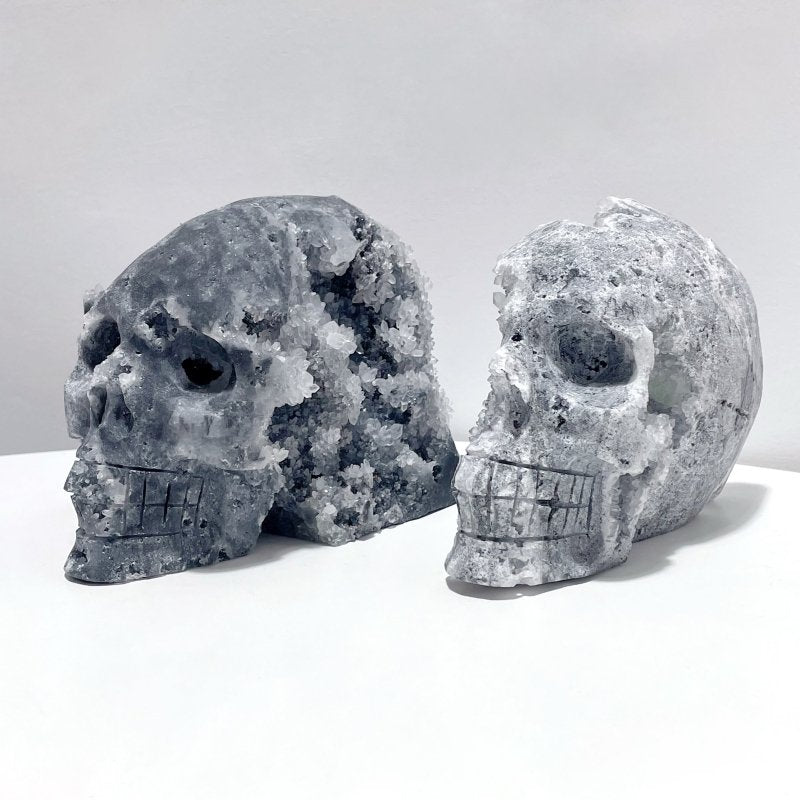 2 Pieces Black Clear Quartz Cluster Skull Carving - Wholesale Crystals