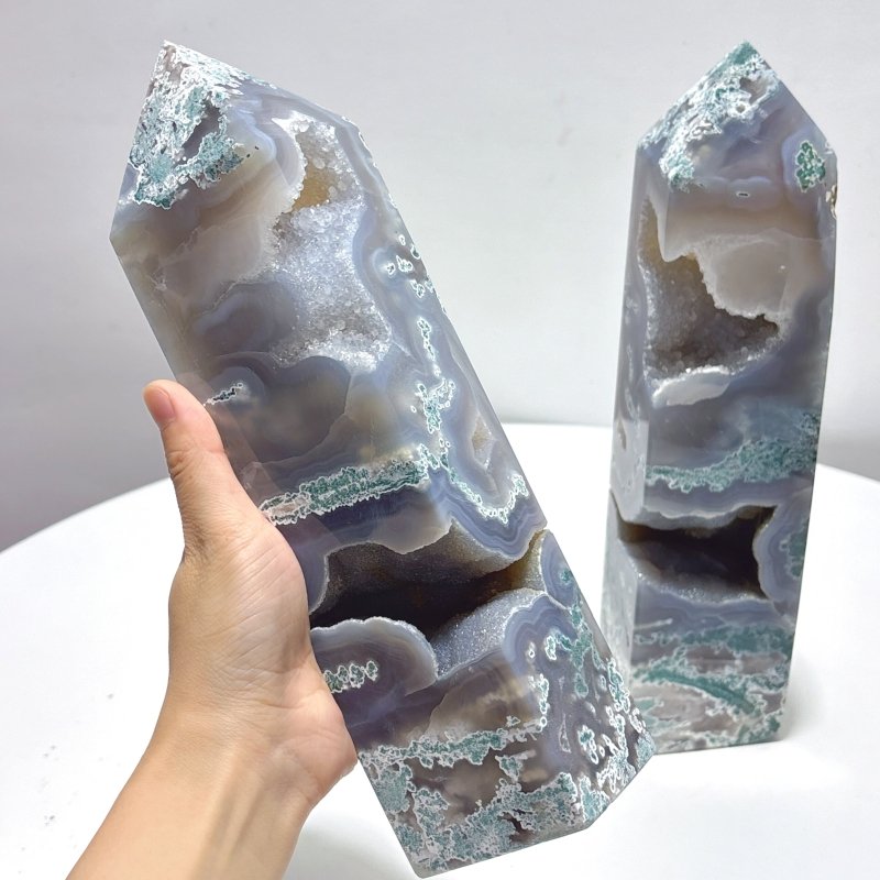 2 Pieces Large Druzy Moss Agate Geode Four - Sided Tower - Wholesale Crystals