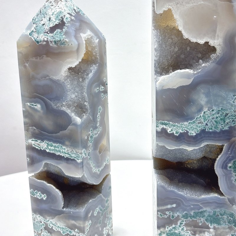 2 Pieces Large Druzy Moss Agate Geode Four - Sided Tower - Wholesale Crystals