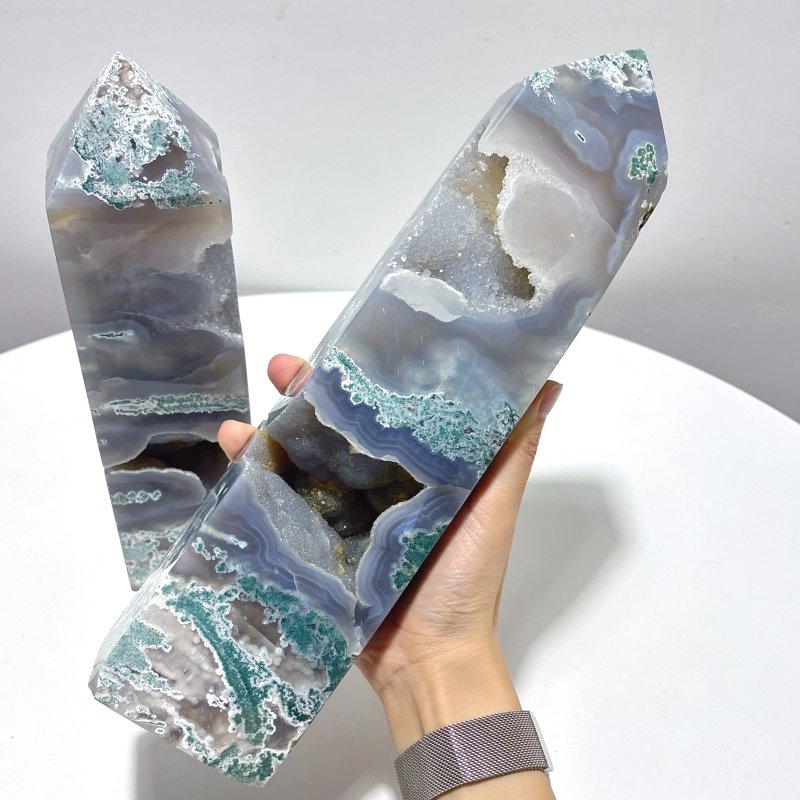 2 Pieces Large Druzy Moss Agate Geode Four - Sided Tower - Wholesale Crystals