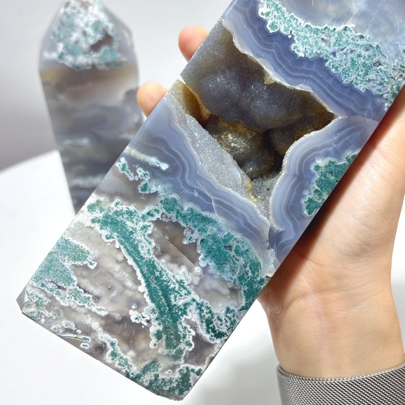 2 Pieces Large Druzy Moss Agate Geode Four - Sided Tower - Wholesale Crystals