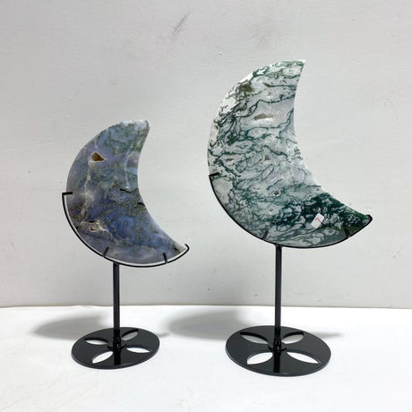 2 Pieces Large Moss Agate Moon With Stand Home Decor - Wholesale Crystals