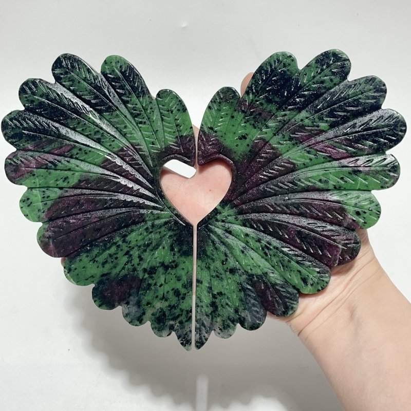 2 Pieces Ruby Zoisite Stone Feather Heart Carving With Stand - Wholesale Crystals