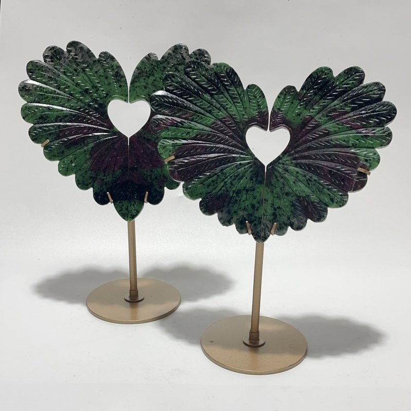2 Pieces Ruby Zoisite Stone Feather Heart Carving With Stand - Wholesale Crystals