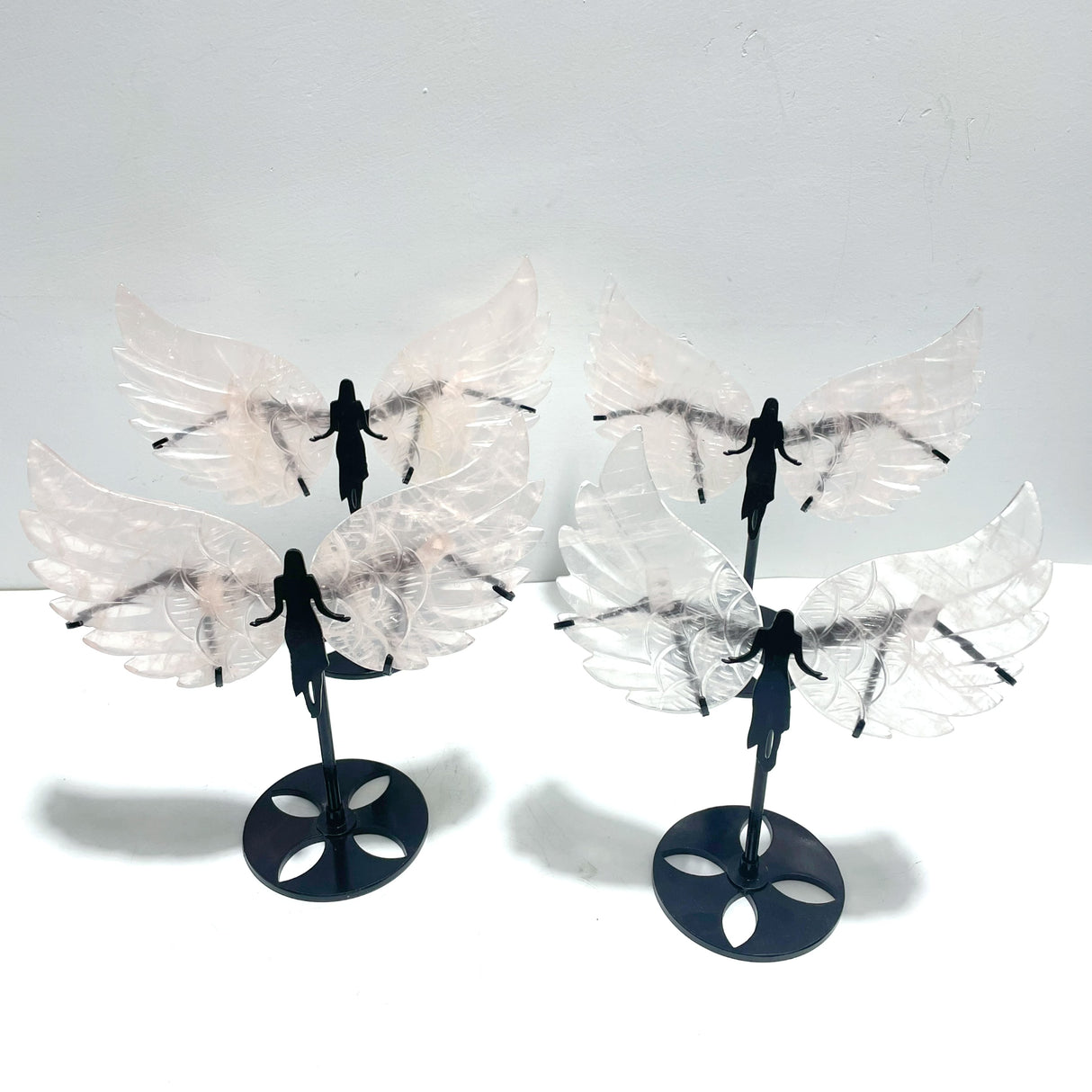 4 Pairs Rose Quartz Angel Wing Carving With Stand