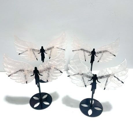 4 Pairs Rose Quartz Angel Wing Carving With Stand