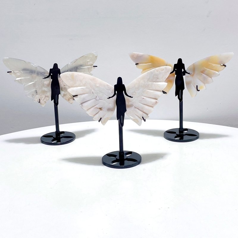 3 Pairs Agate Angel Wing Carving With Stand - Wholesale Crystals