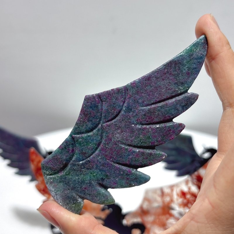 3 Pairs Beautiful Pegasus Wing Carving With Stand Fire Quartz Ruby In Kyanite - Wholesale Crystals