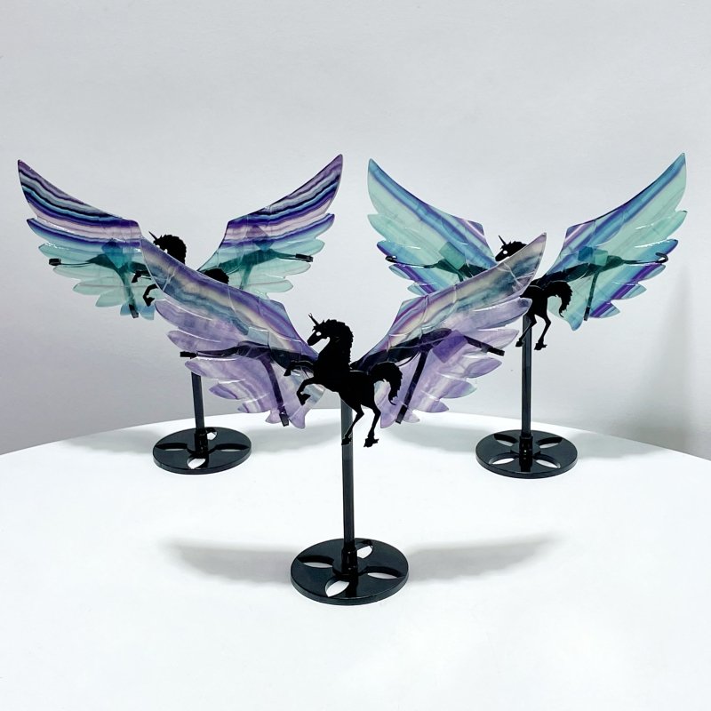 3 Pairs Beautiful Rainbow Fluorite Pegasus Wing Crystal Carving With Stand - Wholesale Crystals