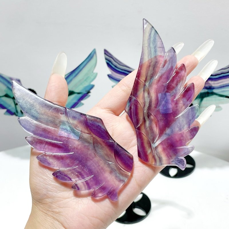 3 Pairs Beautiful Rainbow Fluorite Pegasus Wing Crystal Carving With Stand - Wholesale Crystals