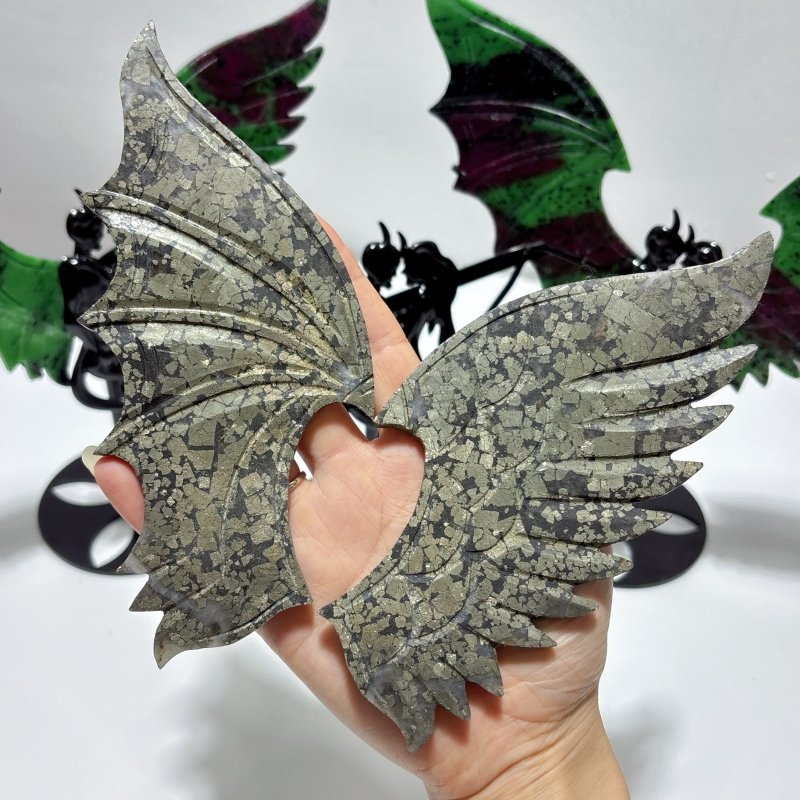 3 Pairs Demon and Angel Wing Carving With Stand Ruby Zoisite Pyrite - Wholesale Crystals