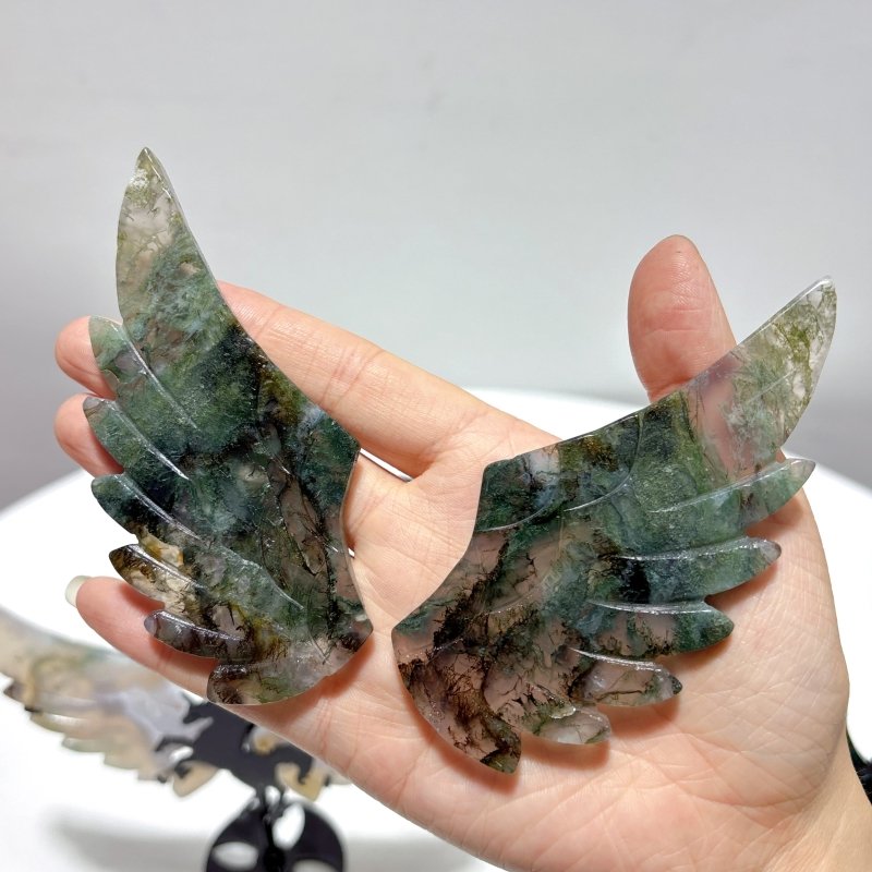 3 Pairs Pegasus Wing Carving With Stand Moss Agate - Wholesale Crystals