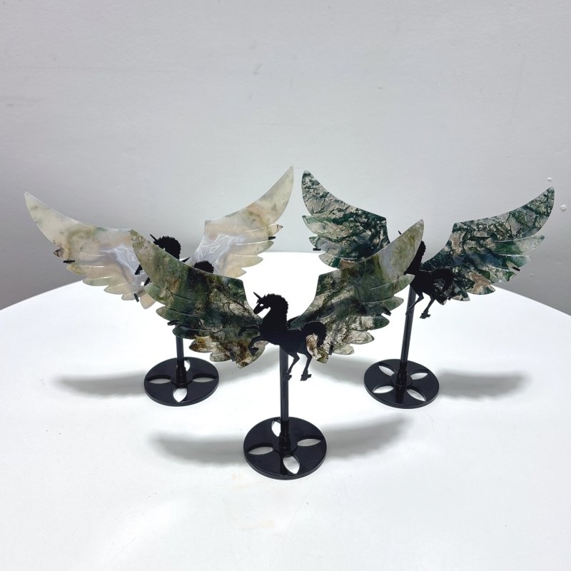 3 Pairs Pegasus Wing Carving With Stand Moss Agate - Wholesale Crystals