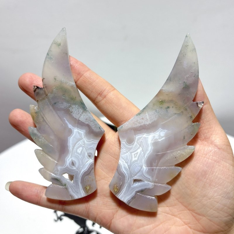 3 Pairs Pegasus Wing Carving With Stand Moss Agate - Wholesale Crystals