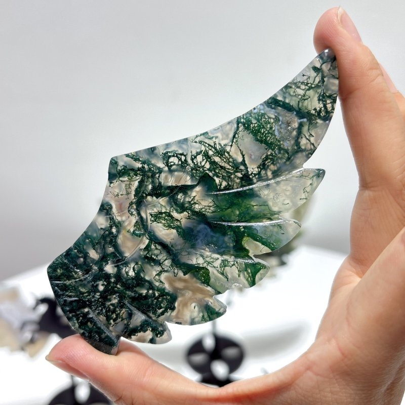 3 Pairs Pegasus Wing Carving With Stand Moss Agate - Wholesale Crystals