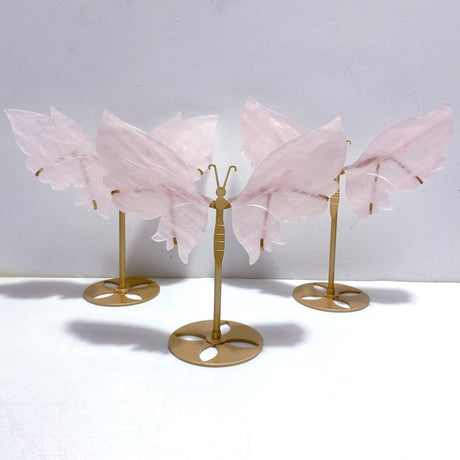 3 Pairs Rose Quartz Butterfly Wing Carving With Stand - Wholesale Crystals