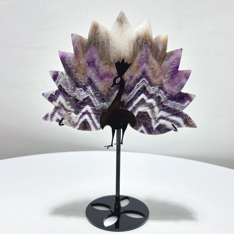 3 Pieces Beautiful Peacock With Stand Carving Fluorite Chevron Amethyst - Wholesale Crystals