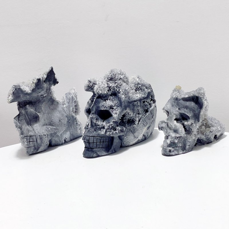 3 Pieces Black Clear Quartz Cluster Skull Carving - Wholesale Crystals