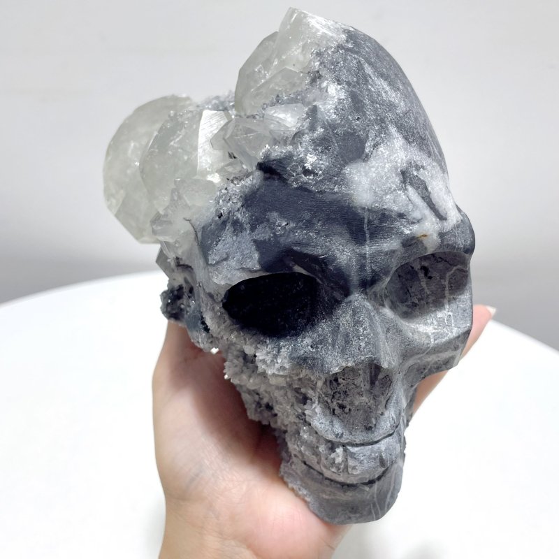 3 Pieces Black Clear Quartz Cluster Skull Carving - Wholesale Crystals