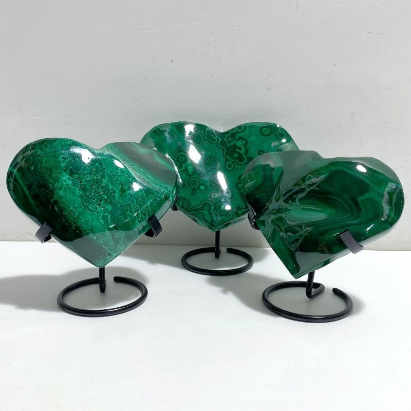 3 Pieces Large Malachite Heart With Stand -Wholesale Crystals