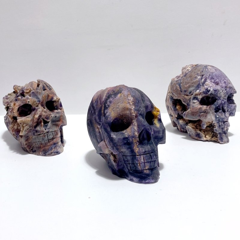 3 Pieces Large Purple Fluorite Skull Carving - Wholesale Crystals