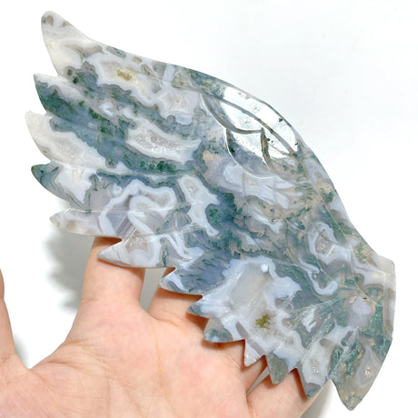 Unique Moss Agate Eagle Wing Carving With Stand