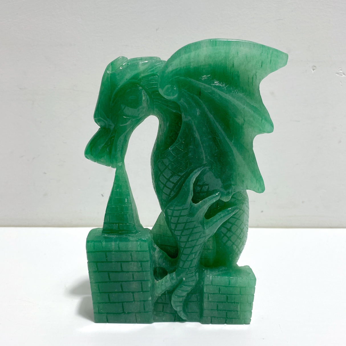 Unique Green Aventurine Flying Dragon Castle Carving #3